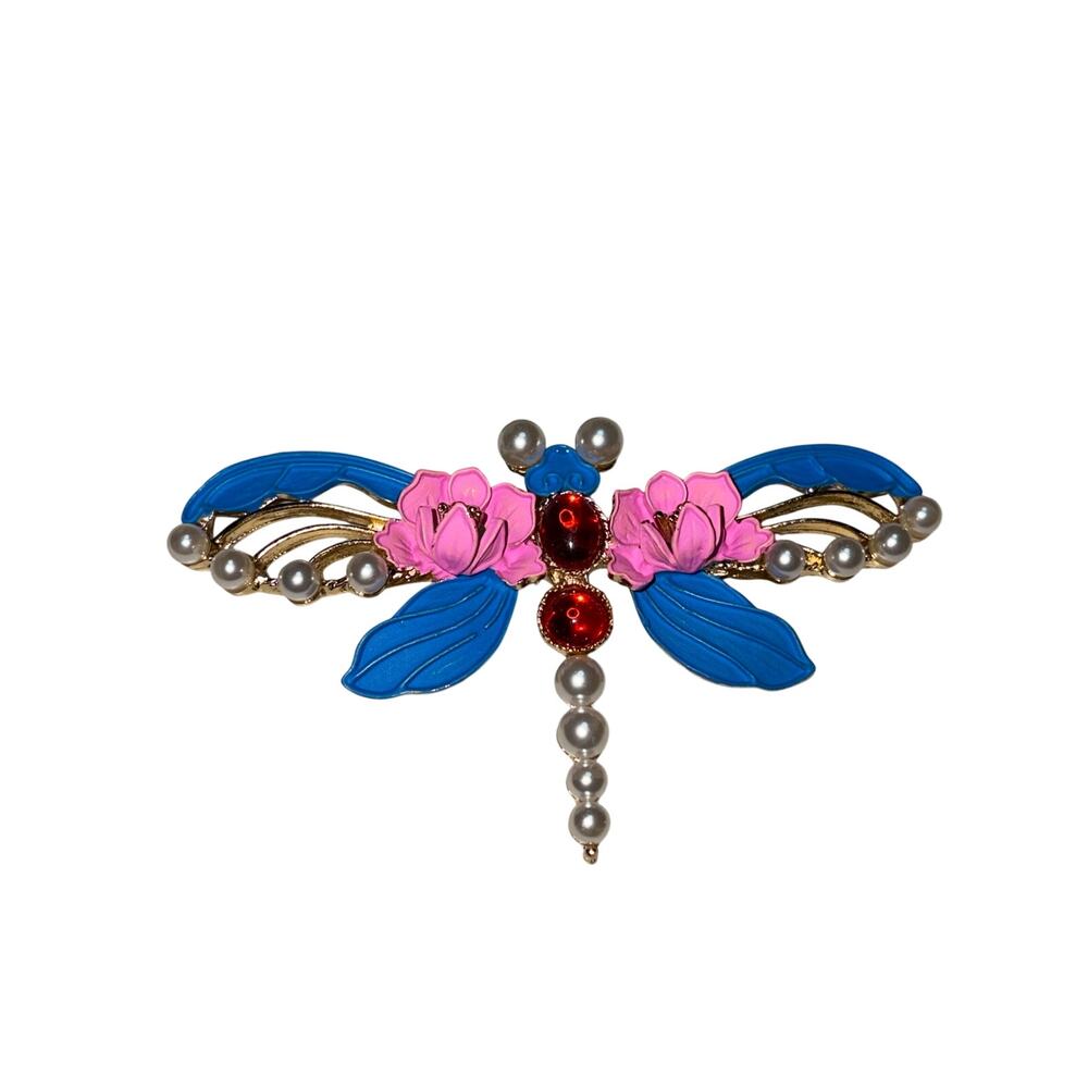 Art Nouveau Enamel Dragonfly Brooch Pink Peony & Blue Wing Floral Insect Pin